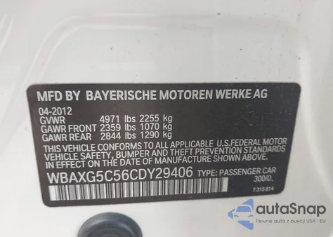 2012 BMW 528I z USA, uszkodzony, nr VIN WBAXG5C56CDY29406